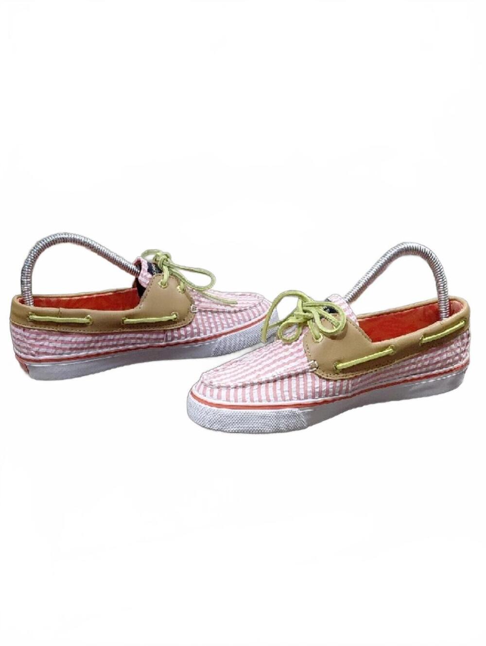 "Sperry" 7M, Pink Striped Boat Shoes with Leather Laces. Look new except soles! - Picture 4 of 9